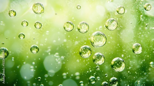 Bubbles on green background, abstract water droplets, soft focus, nature