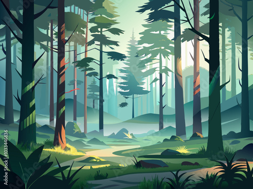 fog in the forest ,Forest landscape with coniferous trees and fog. Vector illustration.
