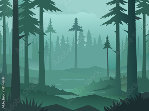 fog in the forest ,Forest landscape with coniferous trees and fog. Vector illustration.
