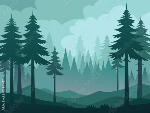 fog in the forest ,Forest landscape with coniferous trees and fog. Vector illustration.
