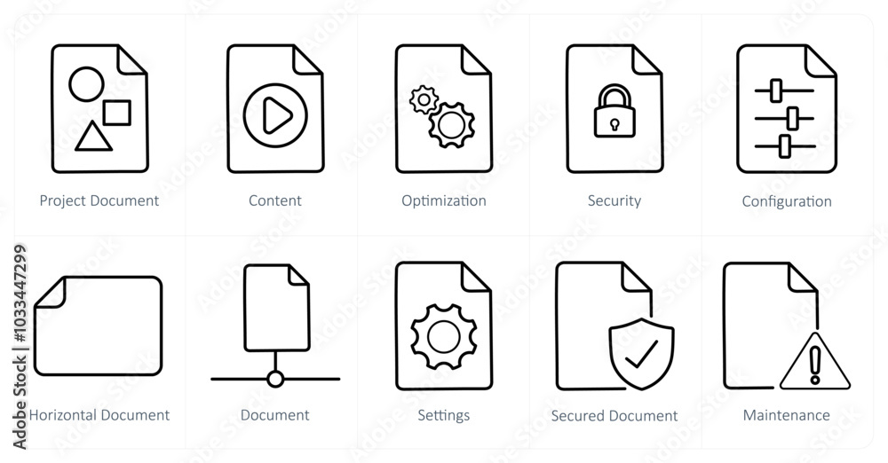 A set of 10 File icons as project document, content, optimization A set of 10 File icons as project document, content, optimization