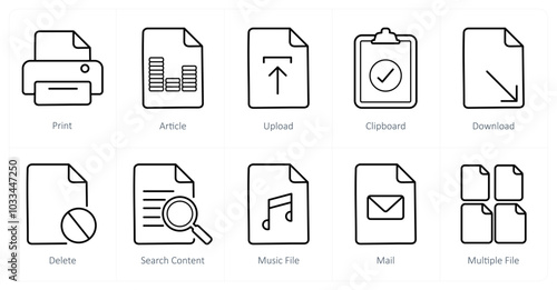 A set of 10 File icons as print, article, upload