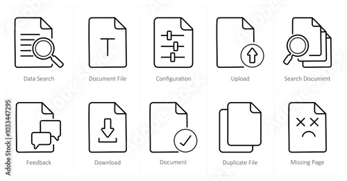 A set of 10 File icons as data search, document file, configuration