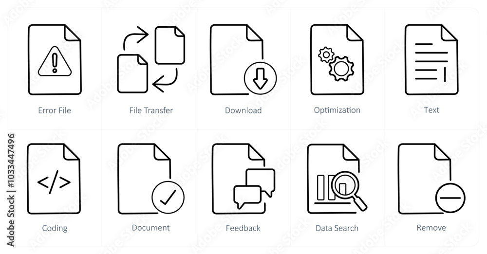 A set of 10 File icons as error file, file transfer, download A set of 10 File icons as error file, file transfer, download