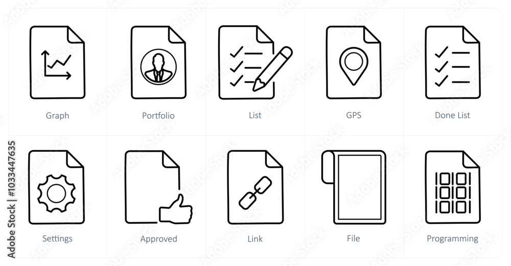 A set of 10 File icons as graph, portfolio, list A set of 10 File icons as graph, portfolio, list