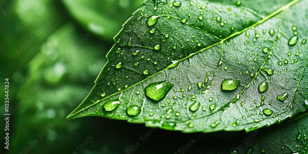 Green leaf with water droplets and copy space. Concept of Environmental Conservation. Close-up macro photo. Green leaf with water droplets and copy space. Concept of Environmental Conservation. Close-up macro photo.