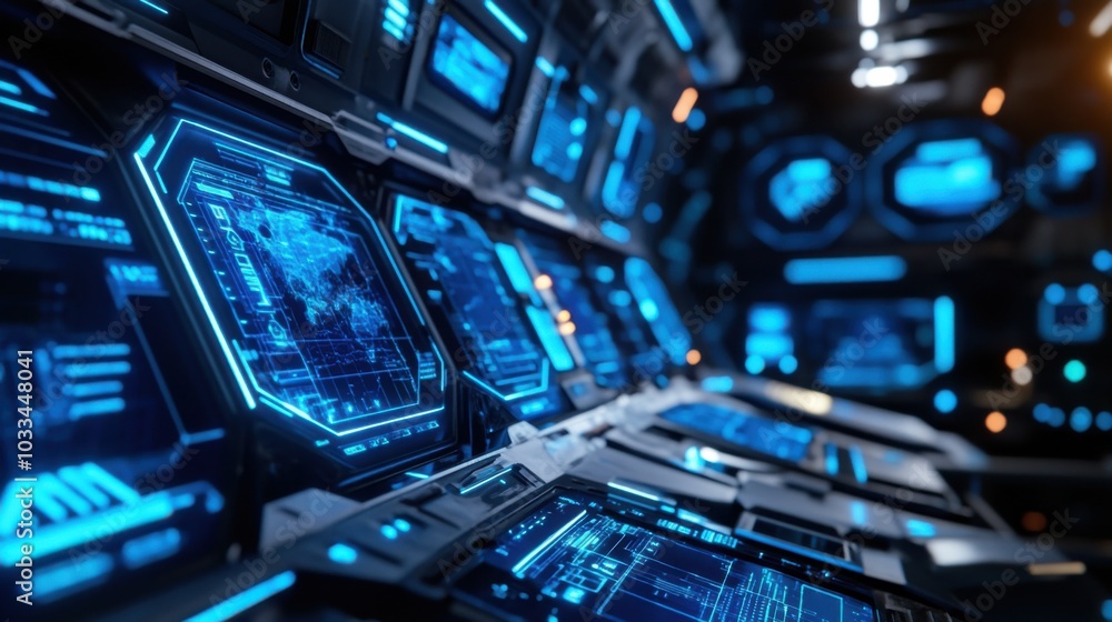 Futuristic control room with advanced holographic displays and blue glowing screens Futuristic control room with advanced holographic displays and blue glowing screens