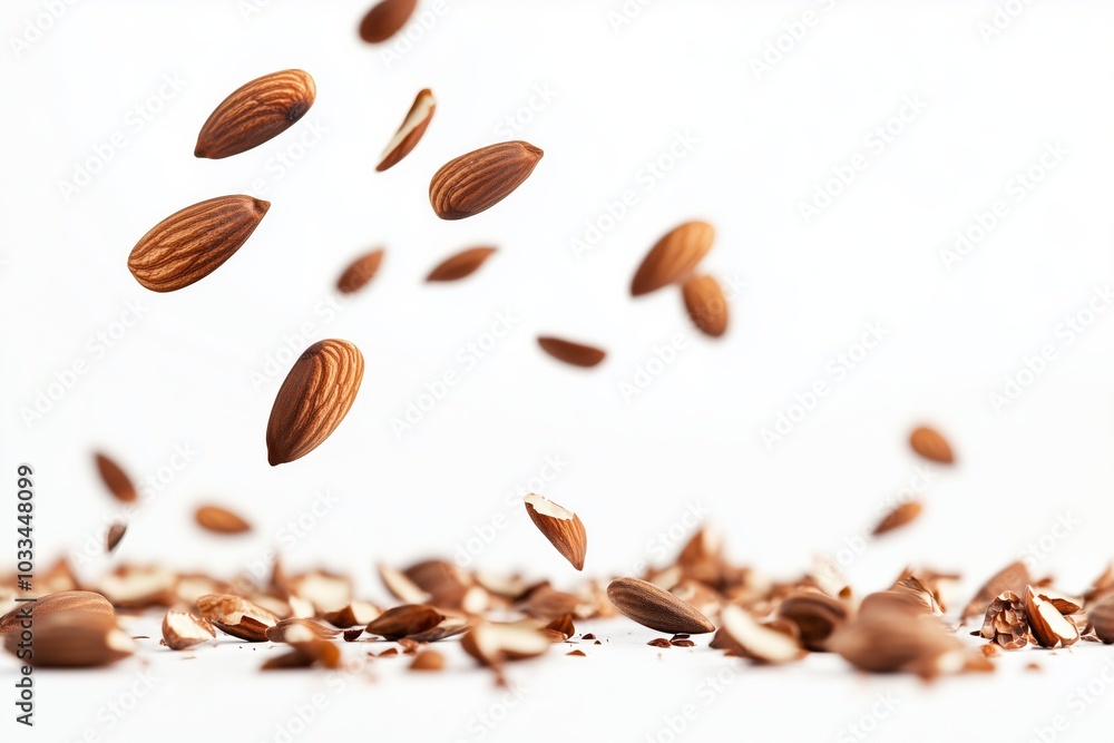 Isolated falling almond on white background, full depth of field Isolated falling almond on white background, full depth of field