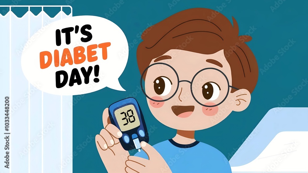 Cheerful boy celebrating diabet day. Cartoon style. Health awareness concept. Diabetes education for kids. Informative design for posters, flyers, educational materials. Cheerful boy celebrating diabet day. Cartoon style. Health awareness concept. Diabetes education for kids. Informative design for posters, flyers, educational materials.
