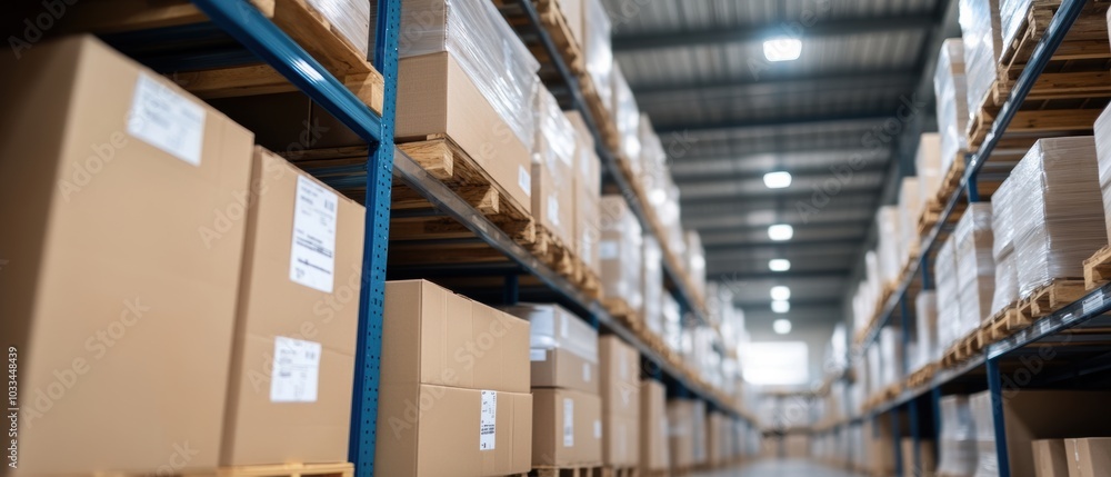 A spacious warehouse filled with neatly stacked cardboard boxes on shelves, showcasing organized inventory management. A spacious warehouse filled with neatly stacked cardboard boxes on shelves, showcasing organized inventory management.