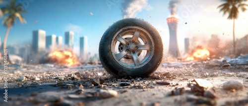 A solitary tire stands amidst a post-apocalyptic urban landscape, surrounded by smoke, explosions, and remnants of civilization. photo