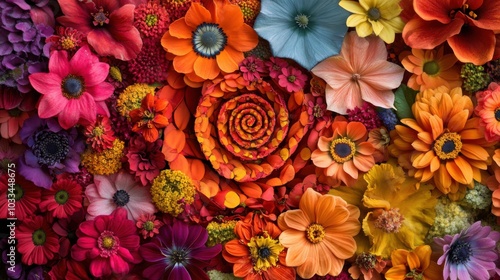 Vibrant floral arrangement with a variety of colorful flowers and intricate designs