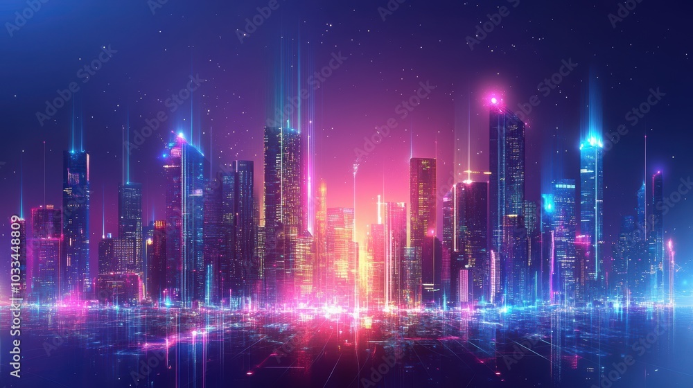 cityscape with space and neon light effect. Modern hi-tech, science, futuristic technology concept. Abstract digital high tech city design for banner background cityscape with space and neon light effect. Modern hi-tech, science, futuristic technology concept. Abstract digital high tech city design for banner background