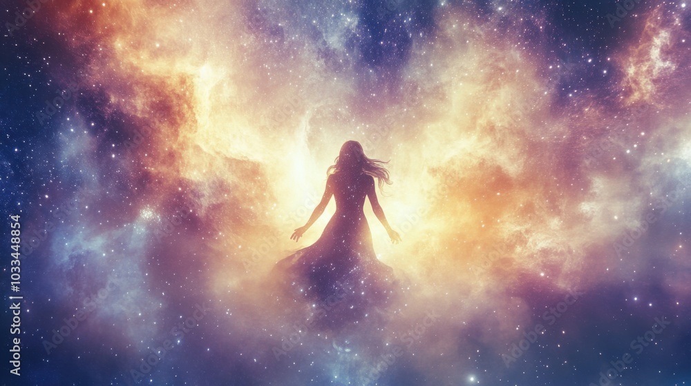 Mystical woman surrounded by cosmic clouds and stars in a galaxy Mystical woman surrounded by cosmic clouds and stars in a galaxy