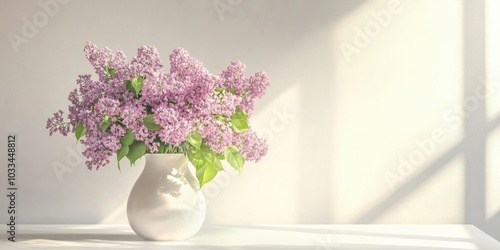 A vase containing a purple bouquet of lilac flowers on a white table, copyspace. photo