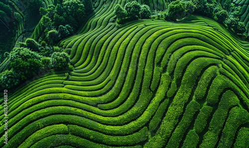 Aerial view of a tea plantation with a pattern in the shape of lines and circles on a green field background in a top down view.