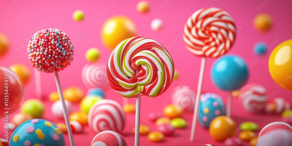 Vibrant lollipops and variously colored round candies