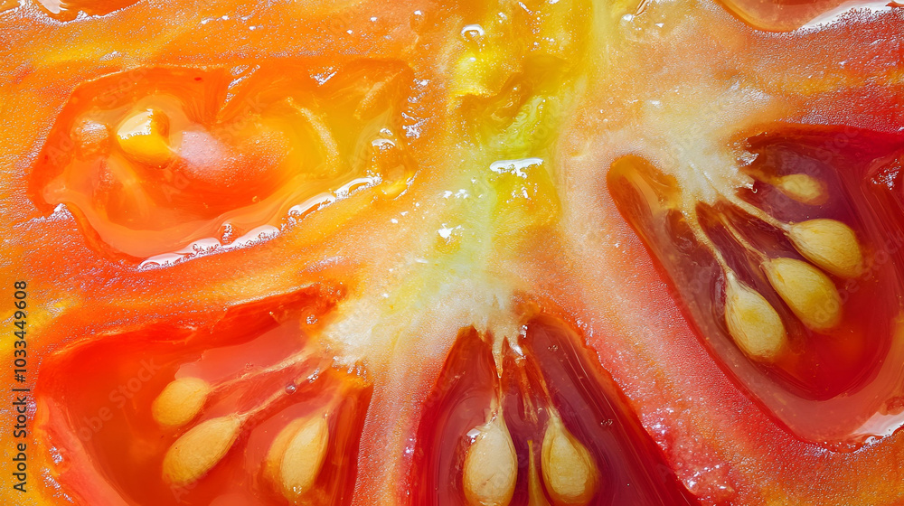Vibrant Mural Slice, close-up of a tomato slice showcasing symmetrical patterns, bright colors, and high saturation in an artistic display Vibrant Mural Slice, close-up of a tomato slice showcasing symmetrical patterns, bright colors, and high saturation in an artistic display