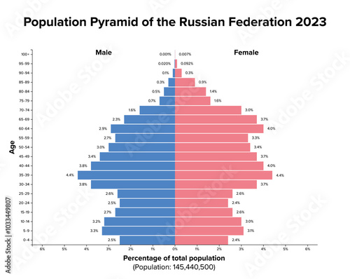 Population pyramid of the Russian Federation 2023. Age structure diagram and the distribution of over 1.4 billion people in Russia, divided into females and males, quoted in percent and 4-year steps.