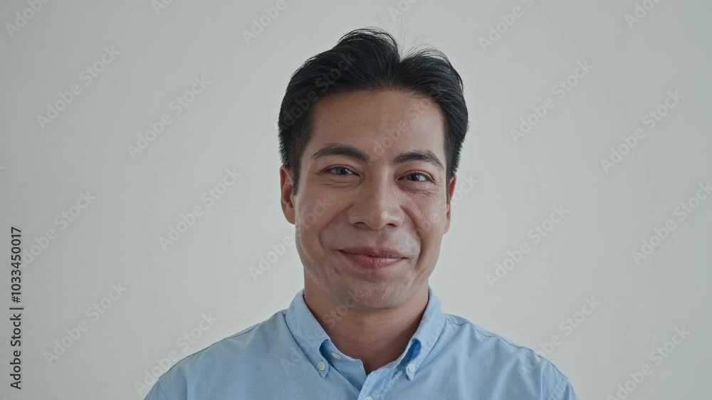 Close up portrait of cheerful Asian guy in blue casual shirt nodding and smiling at camera on white background Close up portrait of cheerful Asian guy in blue casual shirt nodding and smiling at camera on white background