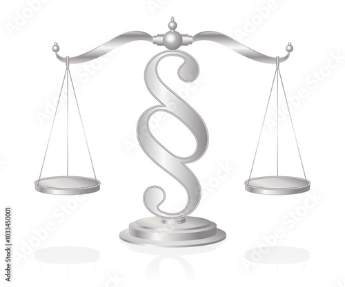 Scales of Justice, a silver colored symbol of measuring support and opposition of a case. Set of scales in balance on a paragraph sign. Lady Justice, Iustitia, is often depicted with a set of scales.