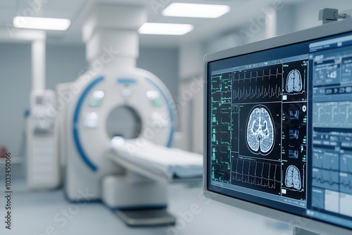 A modern MRI machine in a clinical setting, with brain scans displayed on a computer monitor, highlighting advanced medical imaging technology. photo