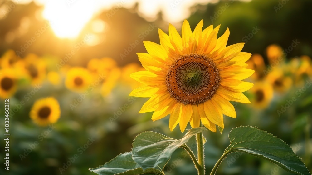 Fototapeta premium A Single Sunflower in a Field with Golden Sunset Light