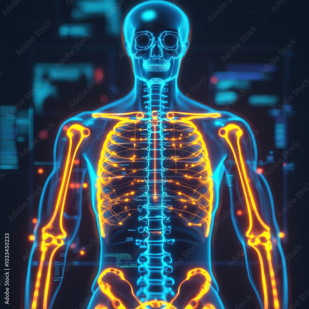 A vibrant, digital depiction of a human skeleton, showcasing bones and joints illuminated in neon colors against a dark backdrop. A vibrant, digital depiction of a human skeleton, showcasing bones and joints illuminated in neon colors against a dark backdrop.