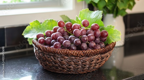 Fresh Grapes in a Woven Basket on a Kitchen Counter photo