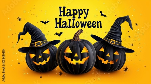 Happy Halloween Jack-o'-lanterns: Three grinning jack-o'-lanterns in witch hats, against a vibrant yellow background, embody the playful spirit of Halloween. Perfect for cards, banners.