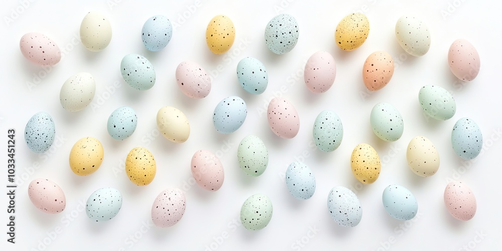 A collection of multi-colored pastel mini eggs symbolizing Easter, set against a white background. A collection of multi-colored pastel mini eggs symbolizing Easter, set against a white background.