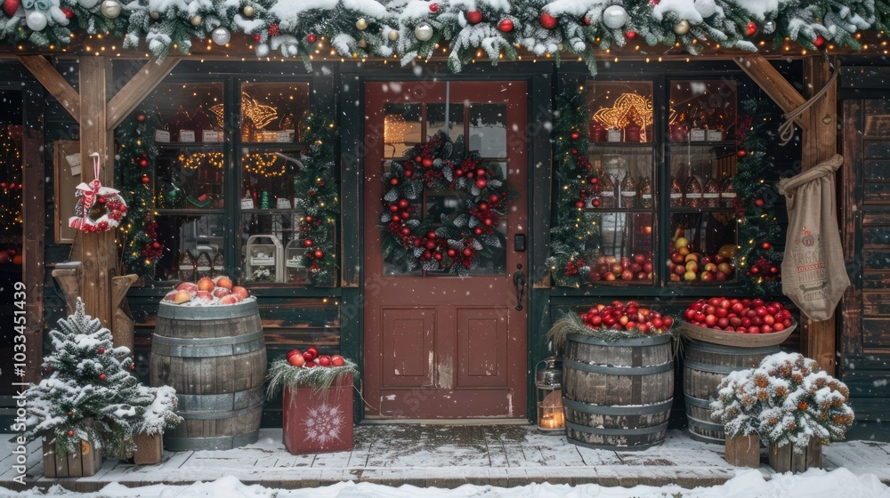 Cozy Christmas cabin nestled in a snowy winter landscape with traditional festive a wreath on the door garlands candles and an array of seasonal ornaments and gifts Cozy Christmas cabin nestled in a snowy winter landscape with traditional festive a wreath on the door garlands candles and an array of seasonal ornaments and gifts