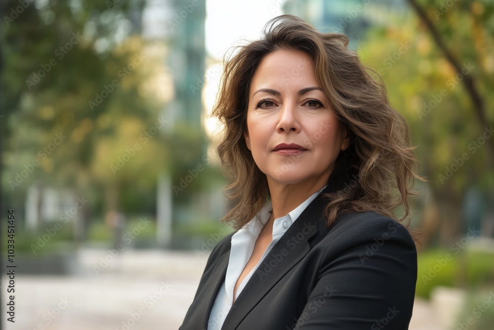 Portrait of a mature middle-aged hispanic latina woman in suit outdoors with a blurry business center in backdrop Portrait of a mature middle-aged hispanic latina woman in suit outdoors with a blurry business center in backdrop
