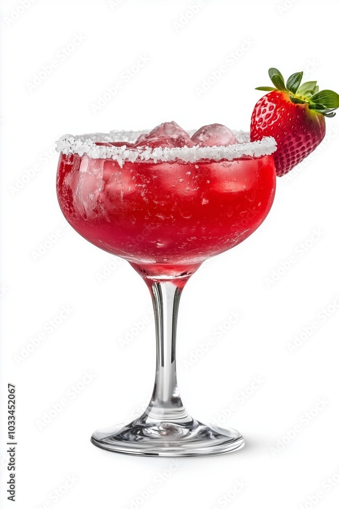 Red iced coktail in margarita glass with salt rim and strawberry garnish isolated on white background Red iced coktail in margarita glass with salt rim and strawberry garnish isolated on white background
