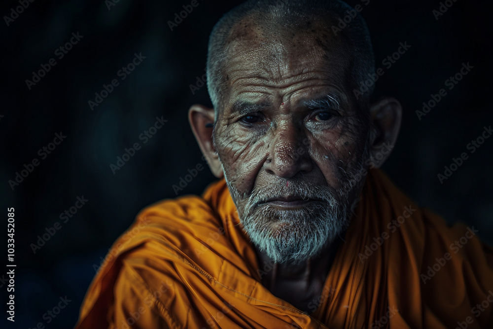 Generative AI image of buddhist monk meditating alone Generative AI image of buddhist monk meditating alone