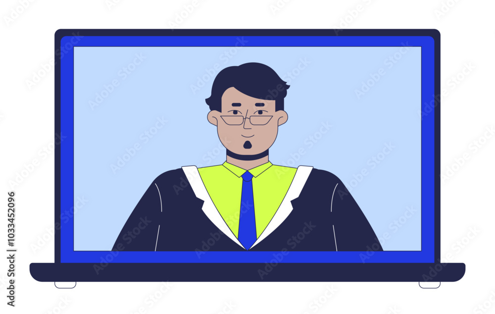 Arab man glasses formal on laptop screen 2D cartoon object. Middle eastern male suit businessman video call on notebook isolated element flat vector clipart on white background. Spot illustration Arab man glasses formal on laptop screen 2D cartoon object. Middle eastern male suit businessman video call on notebook isolated element flat vector clipart on white background. Spot illustration