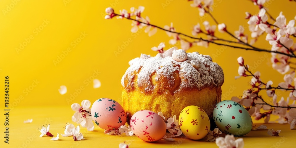 Easter cake Cruffin or sweet bread kulich accompanied by traditional painted eggs. Festive baking and cherry blossoms. Stylish hard light, deep shadows, vibrant yellow background, copyspace.