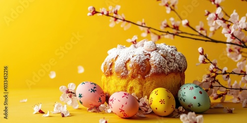 Obraz na płótnie Easter cake Cruffin or sweet bread kulich accompanied by traditional painted eggs. Festive baking and cherry blossoms. Stylish hard light, deep shadows, vibrant yellow background, copyspace. w salonie