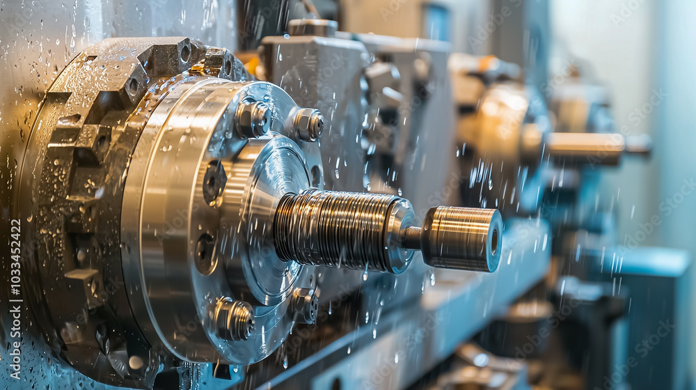 Industrial CNC machine cutting metal with splashing water Industrial CNC machine cutting metal with splashing water