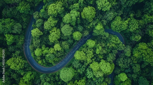 Winding road through lush green forest, aerial view of dense trees