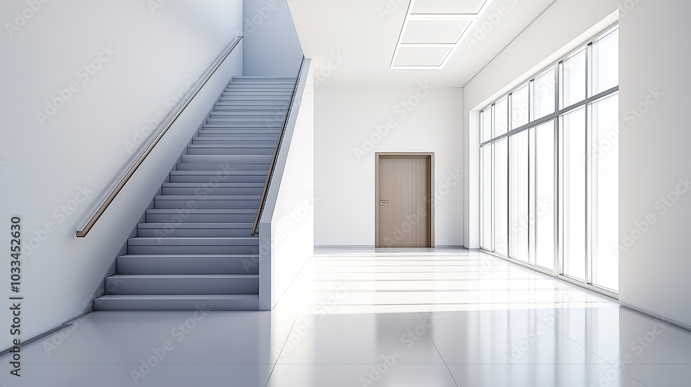 Fototapeta premium A clean, white, modern interior of an office building with a staircase, door, and window