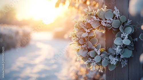Frosted Eucalyptus Christmas Wreath on Wooden Door in Winter Sun