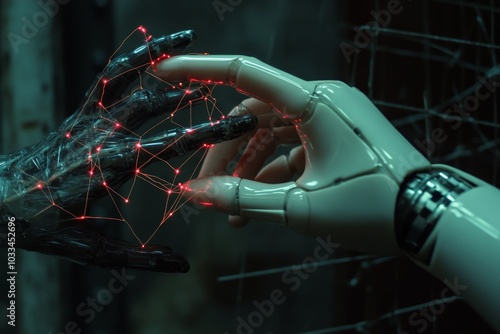 A robotic hand with glowing red lines reaches out to a human hand, creating a connection between the two. photo