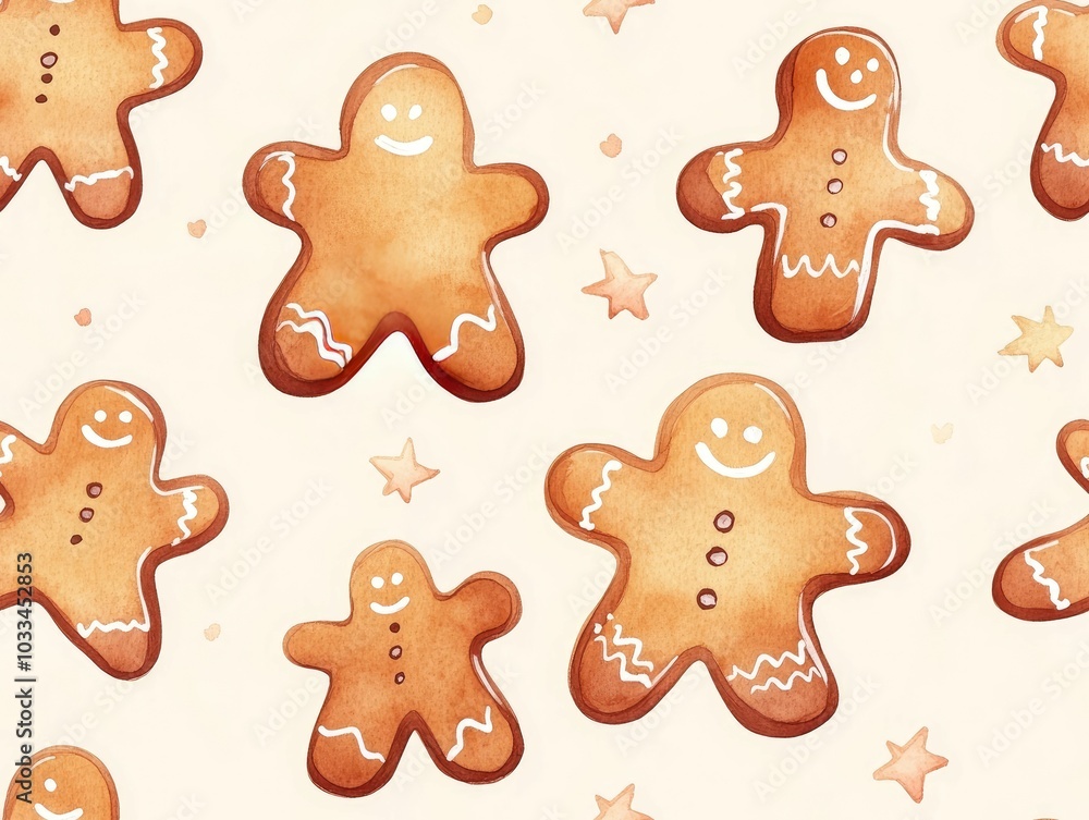 Watercolor of various gingerbread cookie shapes in soft pastel holiday tones scattered over a light background creating a seamless festive pattern design Watercolor of various gingerbread cookie shapes in soft pastel holiday tones scattered over a light background creating a seamless festive pattern design