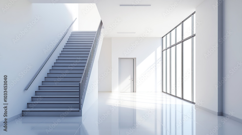 Fototapeta premium A clean, white, modern interior of an office building with a staircase, door, and window