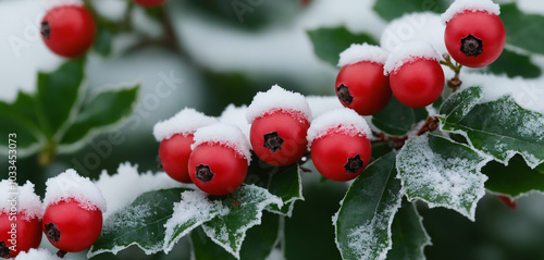 A close up shot of red holly berries covered in frost, their bright color contrasting against the white snow and green leaves