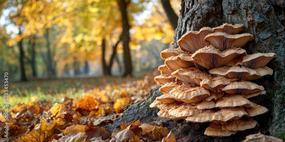 Inedible mushrooms of the Hypholoma group growing beneath tree trunks in the park. Autumn backdrop. Copy space. Inedible mushrooms of the Hypholoma group growing beneath tree trunks in the park. Autumn backdrop. Copy space.
