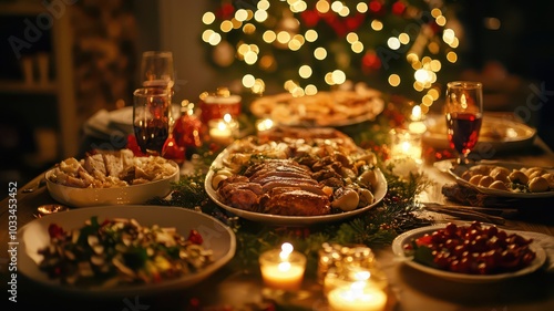 Warmly lit Christmas family dinner adorned with festive decorations, creating a joyful and cozy holiday atmosphere.