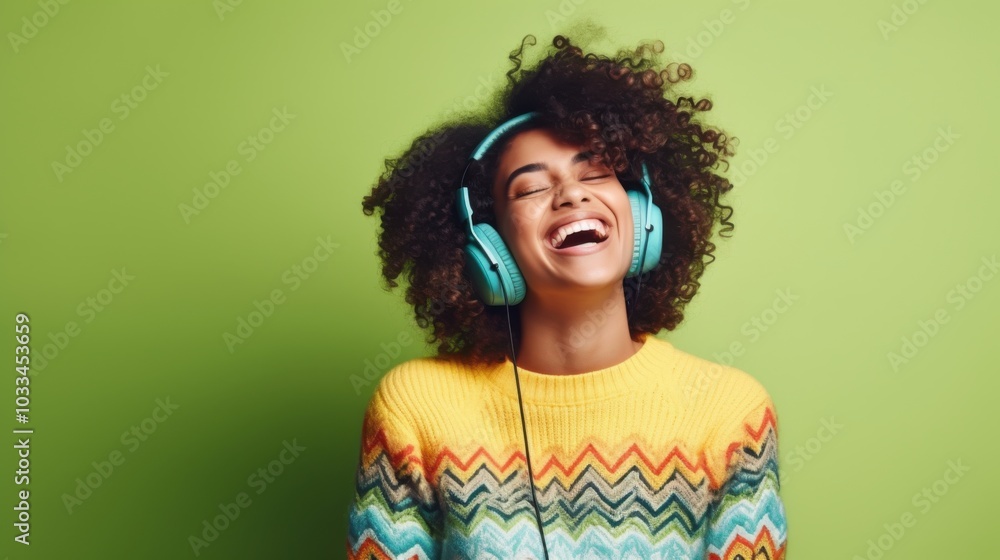 A young woman, immersed in music, laughs heartily while wearing colorful headphones. A young woman, immersed in music, laughs heartily while wearing colorful headphones.