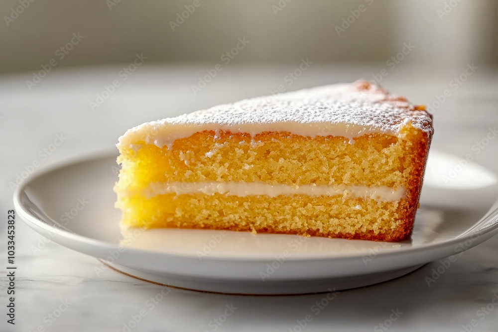 A delightful slice of lemon drizzle cake served on a white plate with a light dusting of powdered sugar A delightful slice of lemon drizzle cake served on a white plate with a light dusting of powdered sugar
